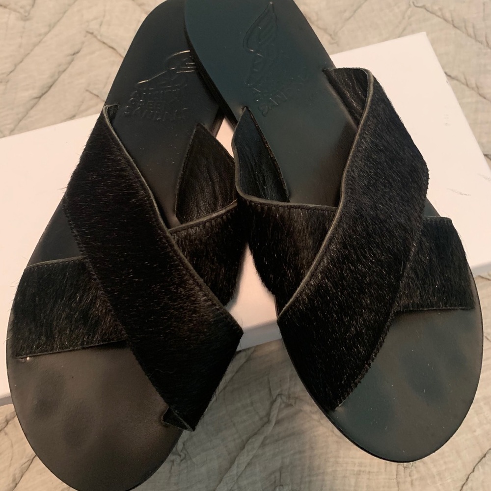 Ancient Greek Sandals. Black Fur. Size:9
